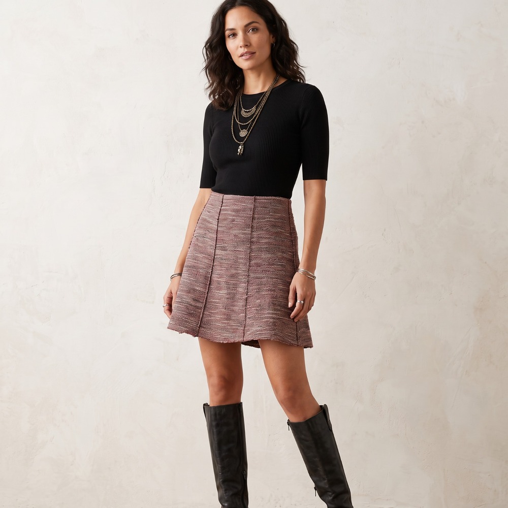 LOFT Burgundy Tweed A-Line Mini Skirt Office Siren Parisian Cozy Academia L